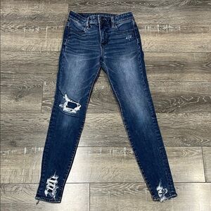 American Eagle The Dream Jean Dark Blue Distressed Skinny Jeans Size 2